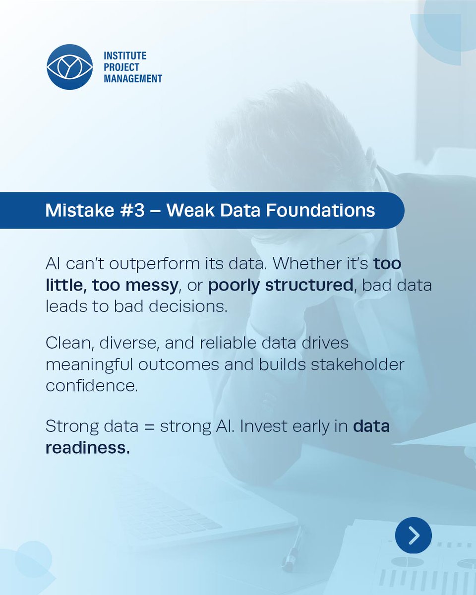 ProjectMgmtInst's tweet image. Most AI projects don’t fail because of the technology — they fail because of the approach. From weak data foundations to unclear goals, the same mistakes keep repeating.

Discover what truly sets successful AI initiatives apart. Learn more: instituteprojectmanagement.com/courses/ipm-ai…