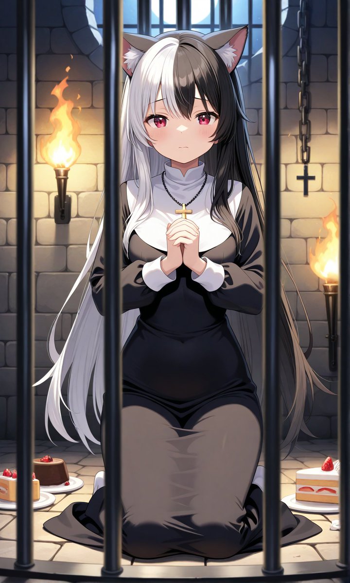 bluetail_bird's tweet image. お疲れ様です！
この時間は『Hoshino』シドナがお送りします♡

今回はあり得なさそうな組み合わせで生まれた一枚♪
お菓子の食べ過ぎで幽閉されてしまったシスターです✨（謎シチュエーション🤣）
幽閉されたのにお菓子が置かれていて意味不明ですね🤭

それと無事に討伐隊のお返事終わりました〜😆