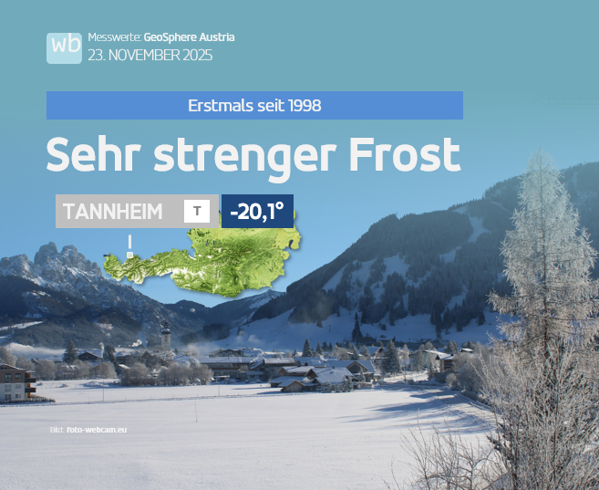 Sehr strenger #Frost in Österreich 🥶
Zum ersten Mal seit 27 Jahren wurde in einem November in bewohntem  Gebiet die Minus-20-Grad-Marke geknackt: in Tannheim im Tiroler Außerfern.