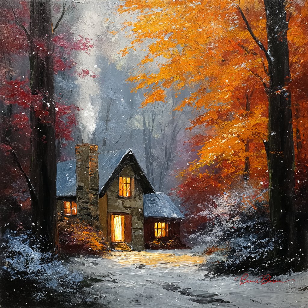 Prompt: cute little house in the forest, autumn leaves on the trees, snow falling, smoke coming out of the chimney, an oil painting, detailed, in a rustic style, with vibrant colors, a fantasy scene, beautiful and cozy, with a warm light from the windows, high resolution,