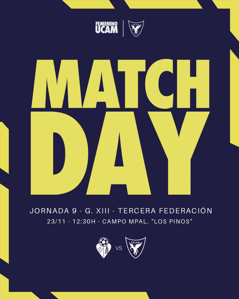 #UCAMFemenino | 💙 𝐃í𝐚 𝐝𝐞 𝐩𝐚𝐫𝐭𝐢𝐝𝐨:

🏆 Jornada 9 - G.XIII de Tercera Federación.
🆚 <a href="/CiudadDeMurcia/">CAP Ciudad de Murcia</a>.
⌚️ 12:30h.
🏟️ Mpal. "Los Pinos" (Alquerías).

#CiudadDeMurciaUCAMMurcia | 2025/26