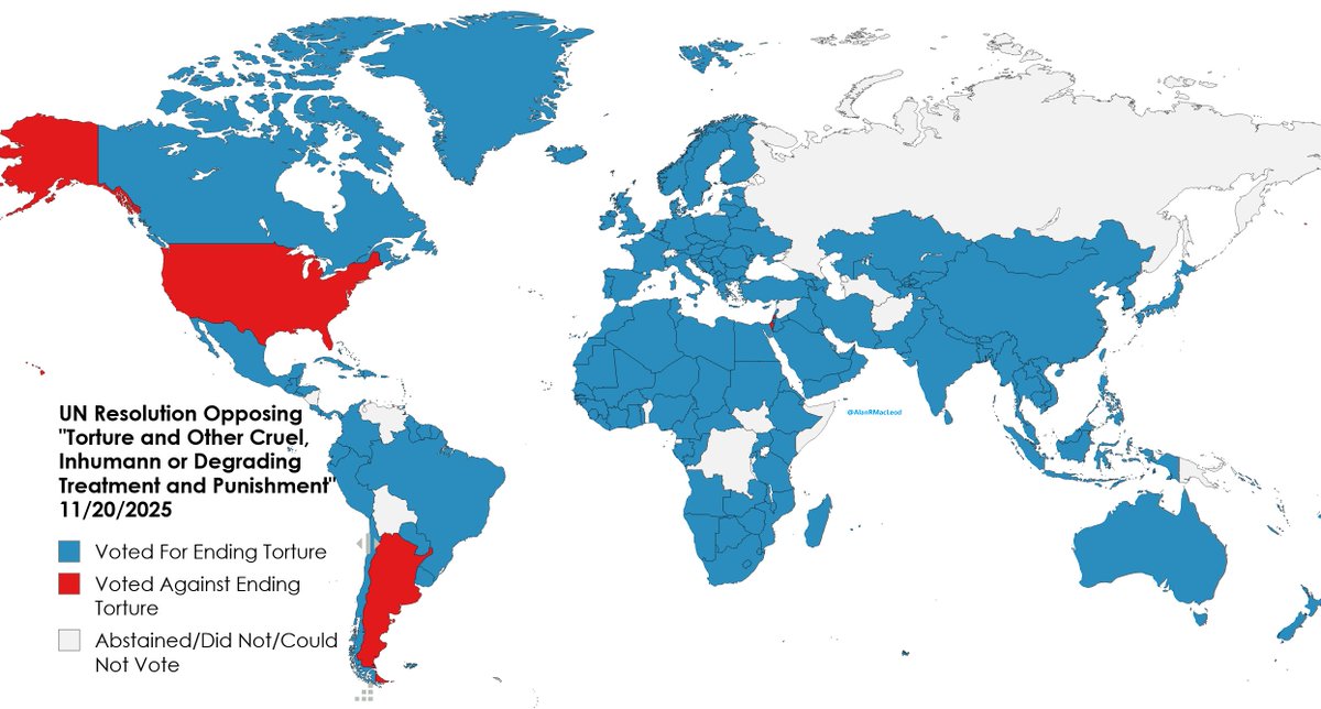 AlanRMacLeod's tweet image. The United Nations has just passed a resolution attempting to end &quot;torture and other cruel, inhuman or degrading treatment and punishment.&quot;

Three countries voted against it: 

The United States 🇺🇸
Israel 🇮🇱
Argentina 🇦🇷