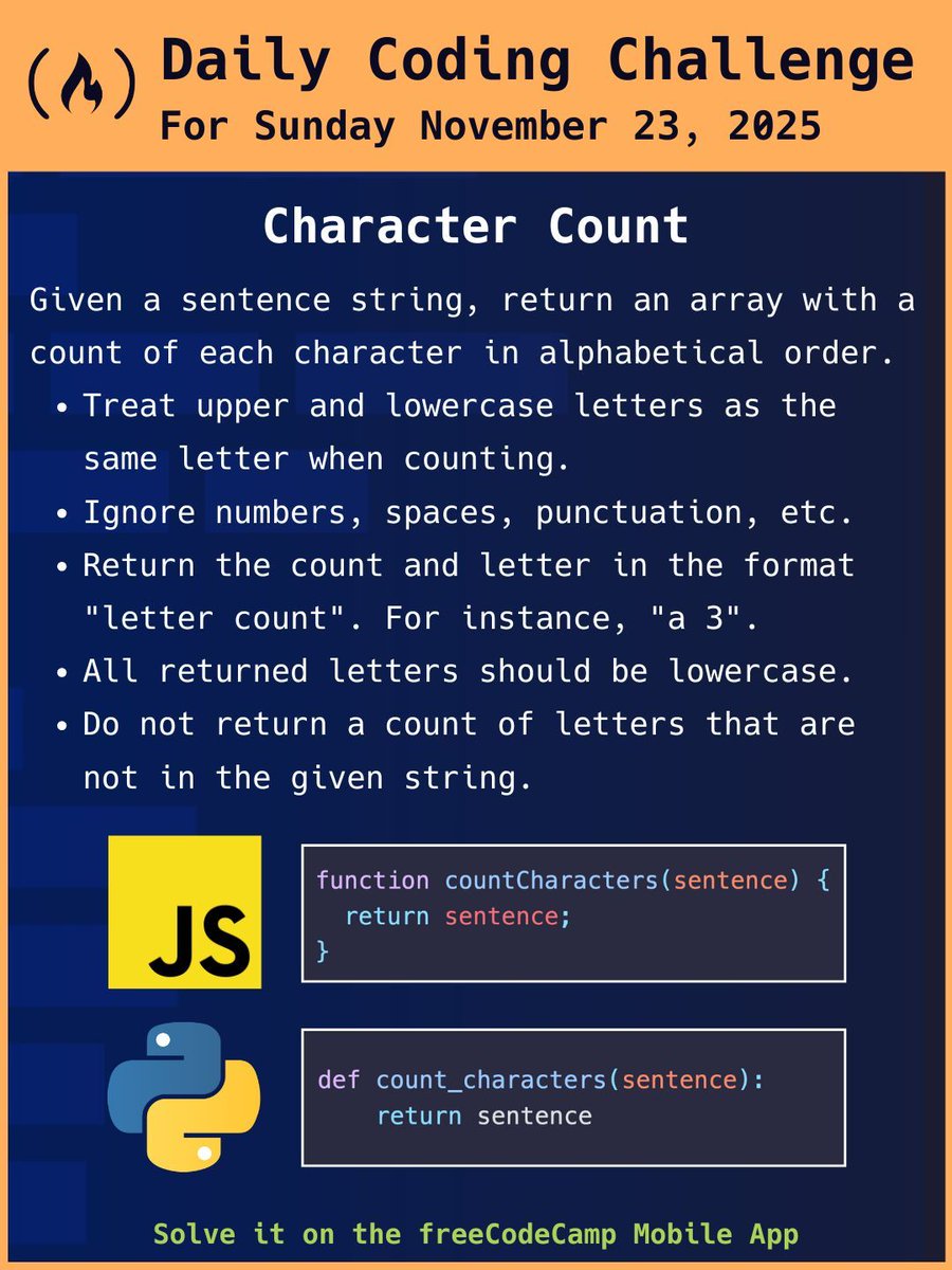 For today's coding challenge, you'll get a string and you'll need to return an array with a count of how many times each character appears, in alphabetical order. Check it out on the freeCodeCamp mobile app.