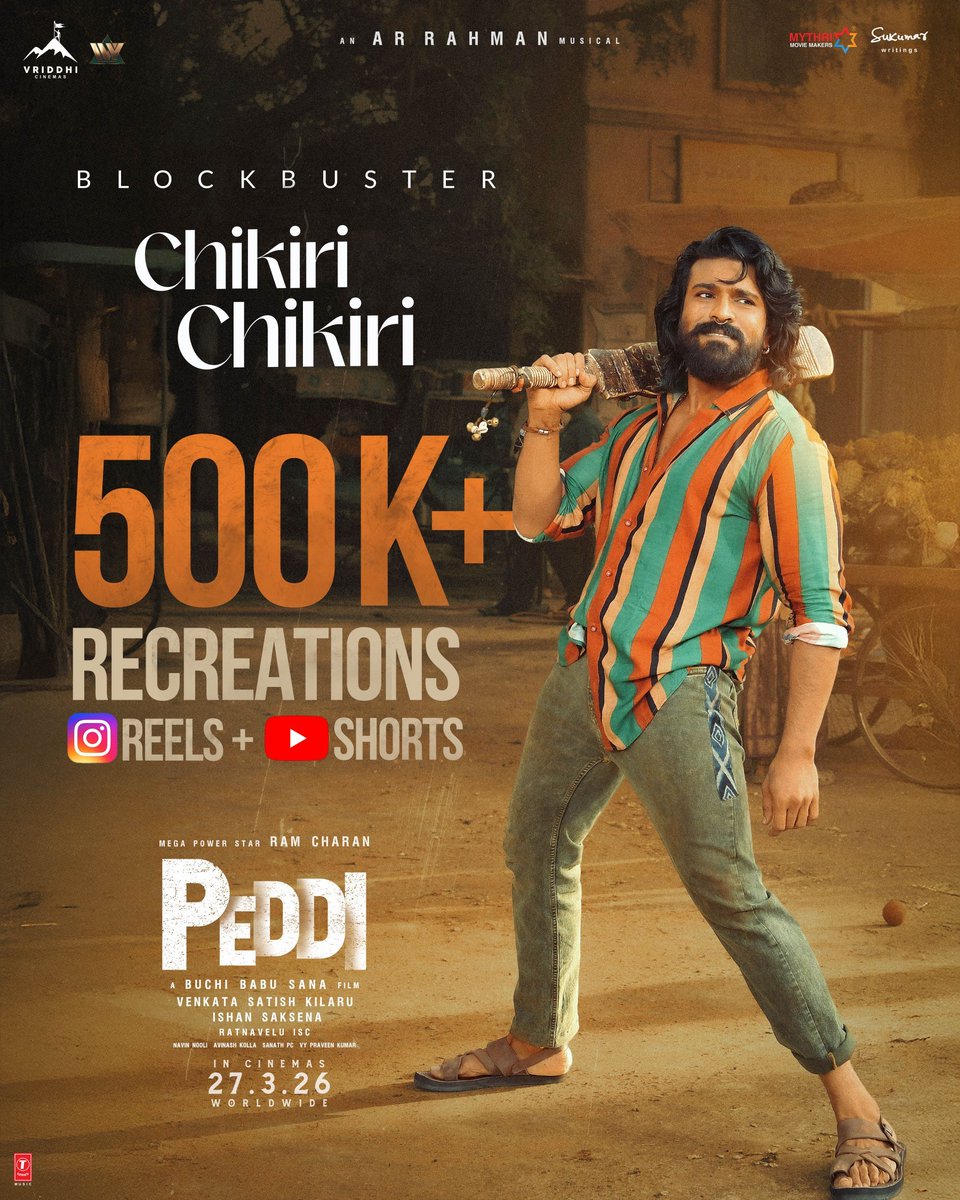 PeddiMovieOffl's tweet image. Everyone is loving the Chikiri Vibe and recreating it in their own style 💥🕺💃

500K+ RECREATIONS for #ChikiriChikiri on Instagram &amp;amp; YouTube ❤‍🔥

🔗 linktr.ee/CHIKIRISong

#PEDDI WORLDWIDE RELEASE ON 27th MARCH, 2026.