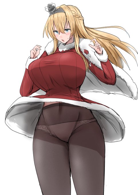 お題の2020年冬季限定グラのサンタ衣装のWarspiteで、風でスカート捲れてタイツ越しパンツへそまで丸見えです。 