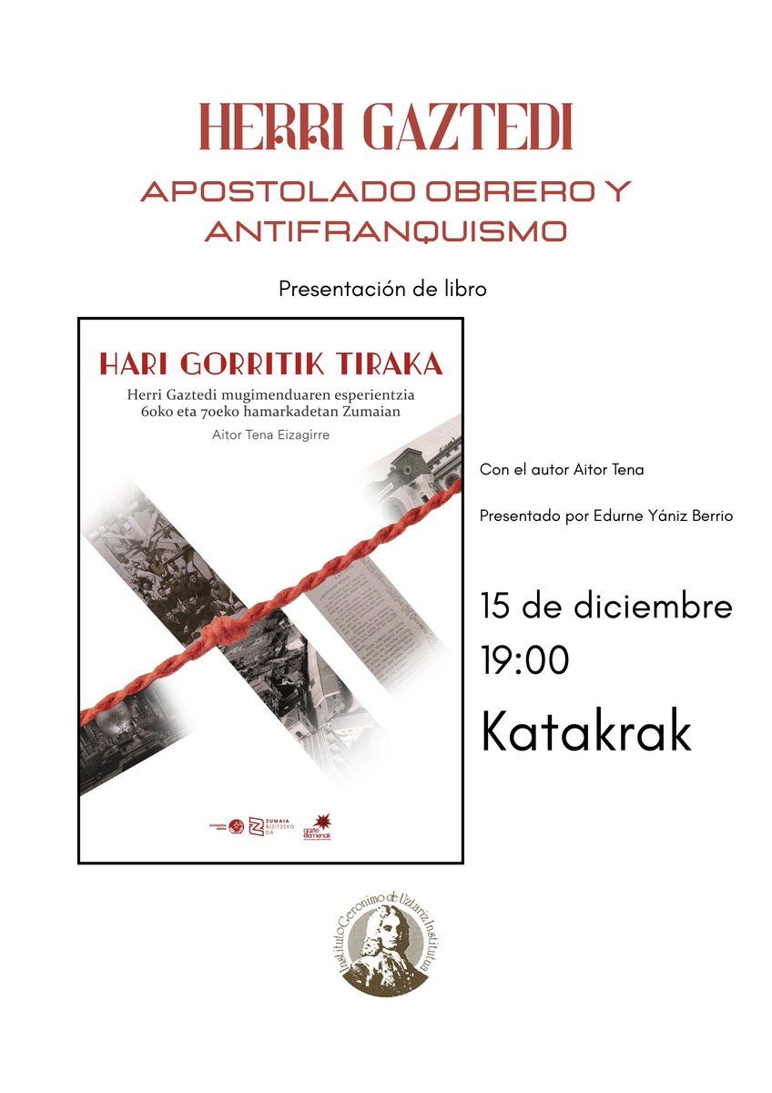 📚💬 Abenduaren 15an, 19:00etan, “Herri Gaztedi: Apostolado obrero y antifranquismo” hitzaldia eta liburu aurkezpena <a href="/tenaeiz/">Aitor Tena Eizagirre</a>  egilearekin. <a href="/katakrak54/">katakrak liburuak</a> |en elkartuko gara! #HerriGaztedi #Historia #Antifrankismoa