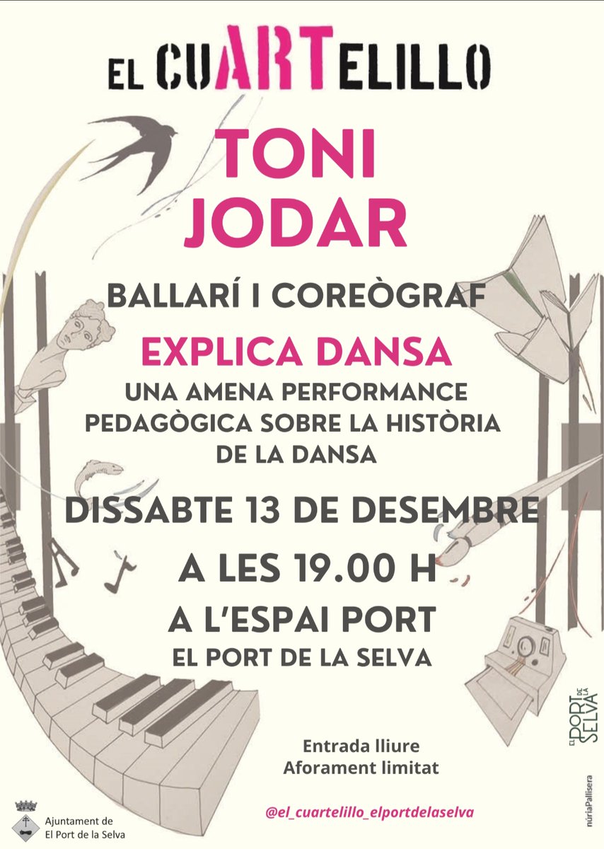 elportdelaselva's tweet image. El #CuARTelillo - Toni Jodar 
Dissabte 13 de desembre a les 19.00 h a l&apos;Espai Port. Ballarí i coreògraf. 
Explica Dansa; una amena performance pedagògica sobre la història de la Dansa. 
Entrada lliure. Aforament limitat. 
#dansa #cultura