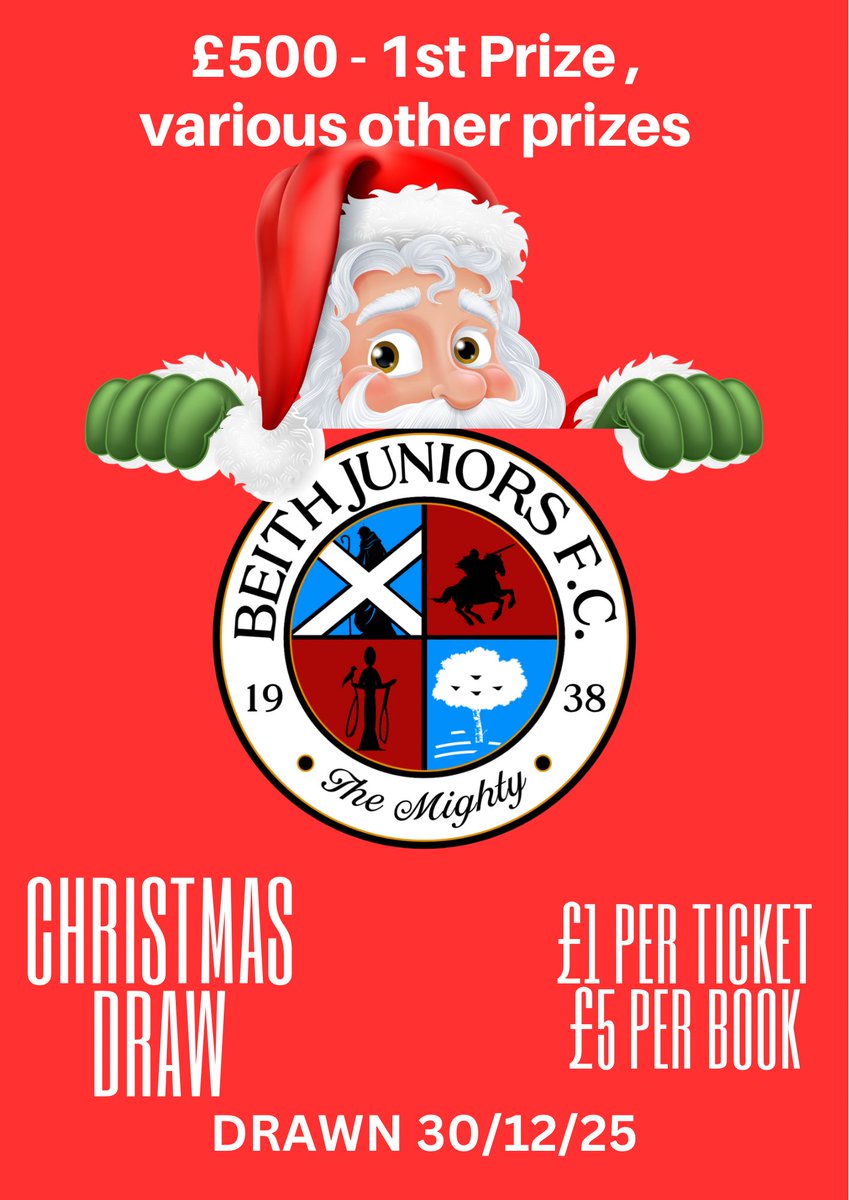 BeithJuniorsFC's tweet photo. With currently no scheduled home games until January, we’d really appreciate any support you can give us by buying some Christmas Raffle tickets or even help selling them! https://t.co/tYZWAvuEfp