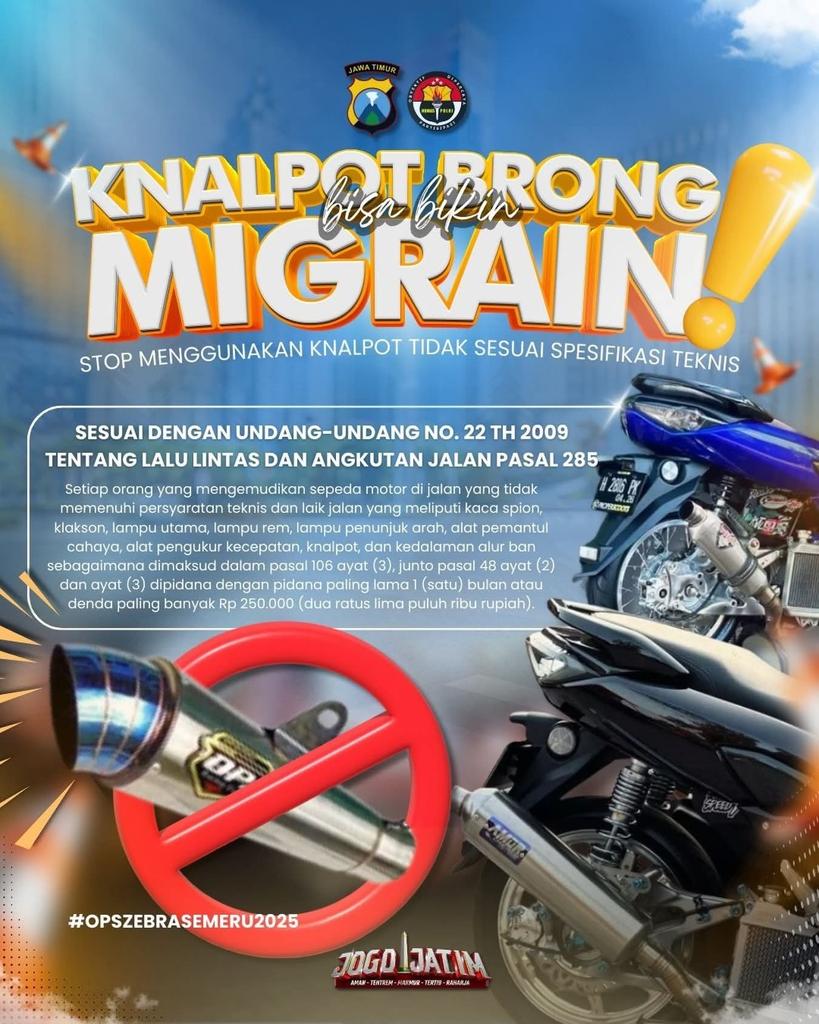 IniTrenggalek's tweet photo. Stop Knalpot Brong!

Tau gak sih, suara knalpot brong bikin migrain karena bisaing dan sangat memekakkan telinga. Jangan biarkan knalpot brong mengganggu kenyamanan dan keselamatan Anda dan orang lain! 

Operasi Zebra Semeru 2025

#OperasiZebra25 https://t.co/jkPLnWCrzL