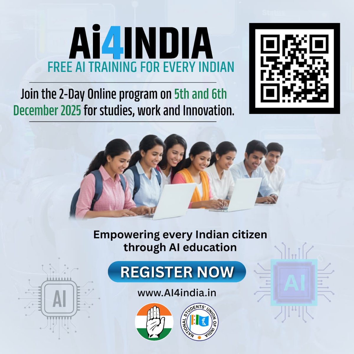 AkshayKrantivir's tweet image. Ai4INDIA
NSUI is launching a 2-day online AI training program to empower every Indian with the skills of the future.

What you’ll learn:
• Practical AI usage
• Hands-on AI tools
• Bilingual live sessions
• Official completion certificate
Register now: ai4india.in
