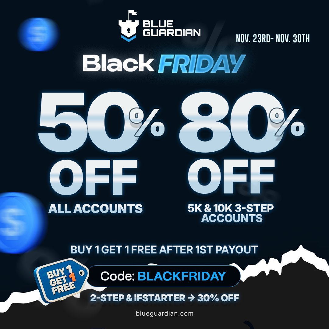 Up To 80% OFF Black Friday sale is here! ⌛🎉 @everyone

🖤 All Accounts 50% - 80% OFF + Buy 1 Get 1 Free* (excl. 2-step &amp; IFstarter)
🖤 Instant Payouts for Instant Funding accounts
🖤 Get started for as low as $6

Get funded now 👉 blueguardian.com/?afmc=marwanfx