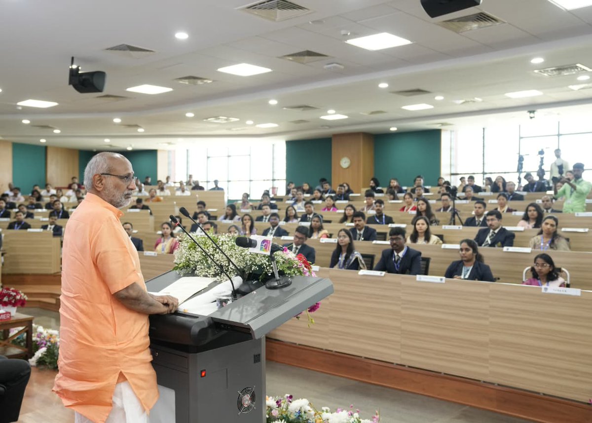 VPIndia's tweet photo. Hon’ble Vice-President of India, Shri C. P. Radhakrishnan, addressed Civil Services Officer Trainees at the National Academy of Customs, Indirect Taxes & Narcotics (NACIN), Palasamudram, Andhra Pradesh, today.

The Vice-President recalled the inauguration of the new NACIN campus by Prime Minister Shri Narendra Modi in 2024, noting that the institution has emerged as a premier centre for capacity-building in Customs and GST administration.

Speaking on the role of civil servants in achieving Viksit Bharat @2047, he underscored the importance of last-mile delivery, teamwork, and inclusive growth.
He urged officers to prioritise team excellence over individual excellence, and emphasised the need for continuous learning and reform-oriented thinking.

Encouraging trainees to embrace emerging technologies—AI, NLP, ML, Blockchain—the Vice-President said technology offers immense opportunities for transparency, efficiency, and citizen service delivery.
He described IGOT Karmayogi as an “excellent platform” for anytime, anywhere capacity-building.

The event was attended by the Hon'ble Minister for HRD, IT, Electronics & Communication and RTG, Government of Andhra Pradesh, Shri Nara Lokesh; the Secretary to the Vice-President of India, Shri Amit Khare; the Director-General of NACIN, Dr. Subramanyam, and other dignitaries.