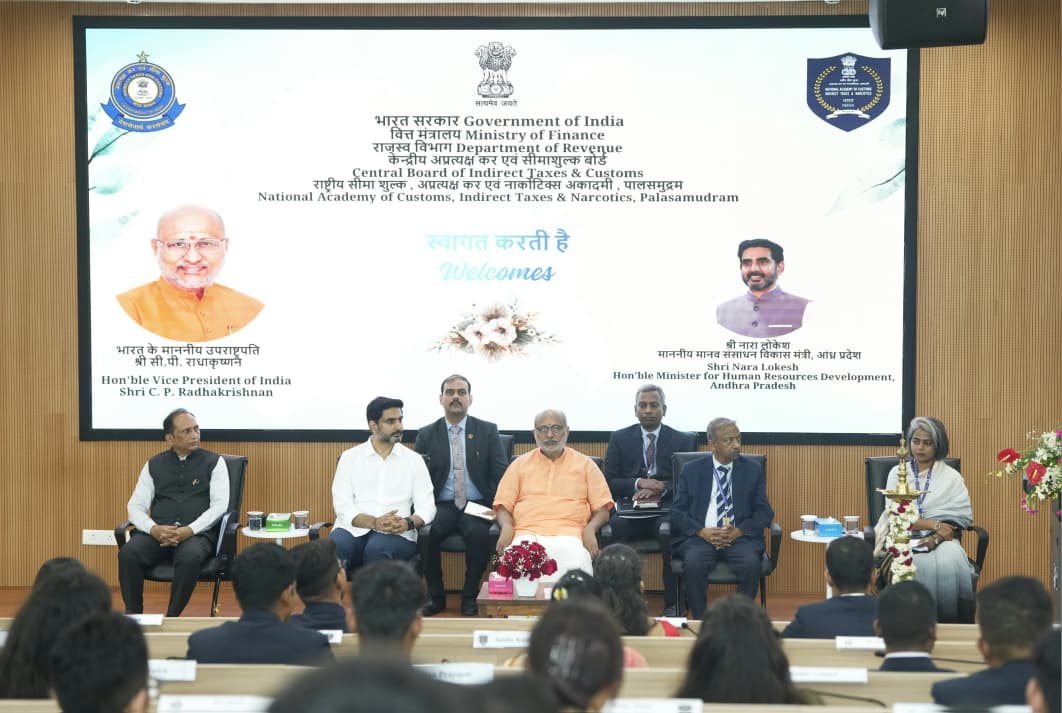 VPIndia's tweet photo. Hon’ble Vice-President of India, Shri C. P. Radhakrishnan, addressed Civil Services Officer Trainees at the National Academy of Customs, Indirect Taxes & Narcotics (NACIN), Palasamudram, Andhra Pradesh, today.

The Vice-President recalled the inauguration of the new NACIN campus by Prime Minister Shri Narendra Modi in 2024, noting that the institution has emerged as a premier centre for capacity-building in Customs and GST administration.

Speaking on the role of civil servants in achieving Viksit Bharat @2047, he underscored the importance of last-mile delivery, teamwork, and inclusive growth.
He urged officers to prioritise team excellence over individual excellence, and emphasised the need for continuous learning and reform-oriented thinking.

Encouraging trainees to embrace emerging technologies—AI, NLP, ML, Blockchain—the Vice-President said technology offers immense opportunities for transparency, efficiency, and citizen service delivery.
He described IGOT Karmayogi as an “excellent platform” for anytime, anywhere capacity-building.

The event was attended by the Hon'ble Minister for HRD, IT, Electronics & Communication and RTG, Government of Andhra Pradesh, Shri Nara Lokesh; the Secretary to the Vice-President of India, Shri Amit Khare; the Director-General of NACIN, Dr. Subramanyam, and other dignitaries.