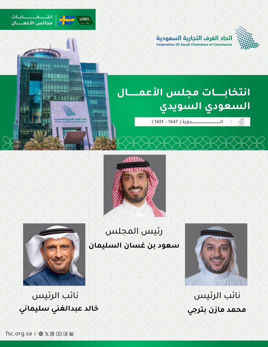 مجلس الأعمال السعودي السويدي يعقد اجتماعه الأول ويعلن عن انتخاب أ.سعود السليمان رئيساً،و أ.محمد بترجي و أ.خالد سليماني نائبين للرئيس،وذلك للدورة الجديدة للمجلس (1447-1451)  
#اتحاد_الغرف_السعودية