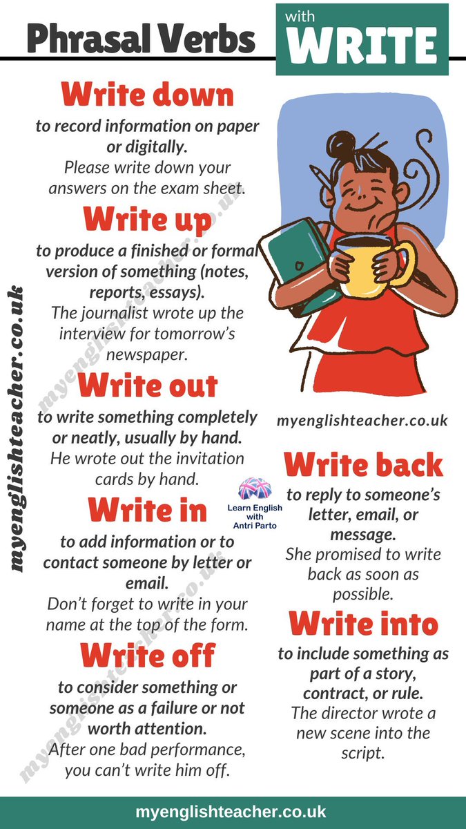 MyLinguaAcademy's tweet image. Phrasal verbs with WRITE
We don’t just write – we:
✔️ write up reports
✔️ write out answers
✔️ write off debts 
✔️ write back to people
Perfect for B2 &amp;amp; C1 writing and speaking.
Lesson + quiz 👉 buff.ly/L9CW5AM 
#LearnEnglish #PhrasalVerbs #FCE #CAE #MyLinguaAcademy