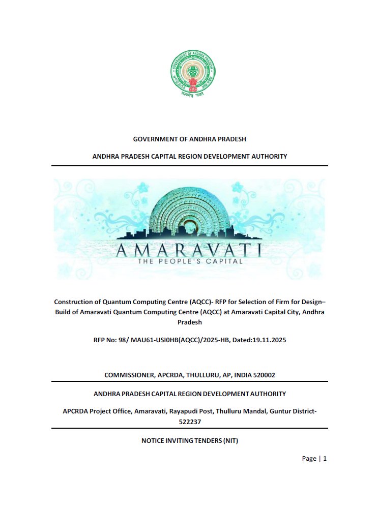 AP_CRDANews's tweet image. 🚨Amaravati Quantum Computing Center tenders floated by #APCRDA. Highlighted 2 acres will host Qunatum Computers and will be built (Pic-2)

🔹Built-up Area: 45,000 sft (G+1 Building)
⏲️Completion Deadline: 6 Months

#AndhraPradesh #Amaravati #AmaravatiQuantumValley