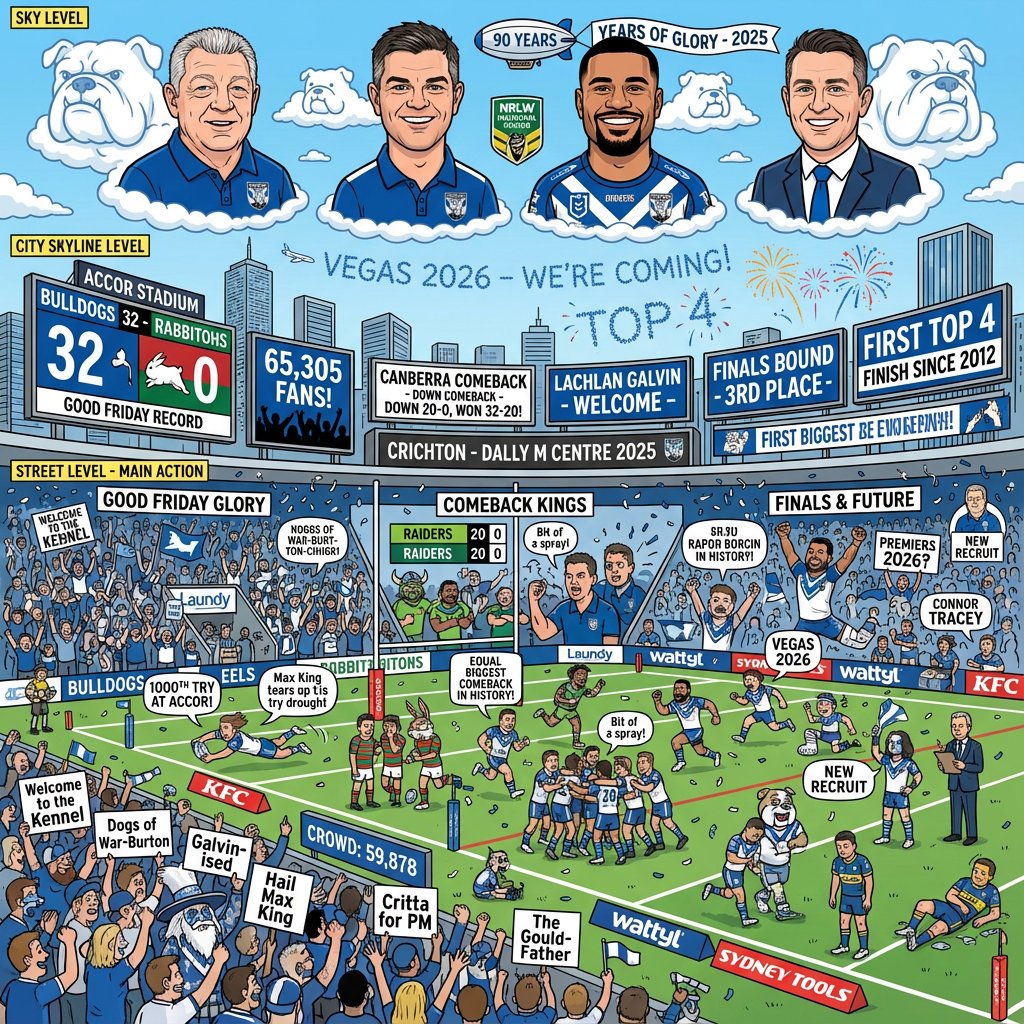 AdamDriussi's tweet image. Google&apos;s new Nano Banana Pro can produce some amazing images.  Off a relatively simple prompt it managed to produce the image below showing some of the Bulldogs highlights in 2025.  

My personal favourite touch was the Wizard in the crowd. 💙🤍

Love to see what others can…