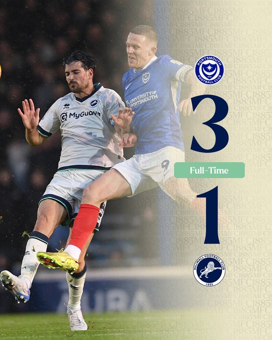واخيراً بورتسموث يعود لسكة الانتصارات ويحقق الفوز على ميلووال بنتيجة 3-1 
#Pompey 😍