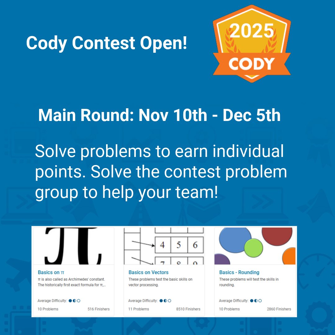 MATLAB_Japan's tweet image. 📢 Cody Contest 2025  後半戦に突入！

ポイントを獲得してチームに貢献しよう。

Amazonギフトカードや、日本では未配布のウォーターボトルなど、豪華賞品もゲットできるチャンス！

上位入賞者には、12月8日からボーナスラウンドへの招待もあります。

今すぐ参加しよう 👉 spr.ly/60137cnXP