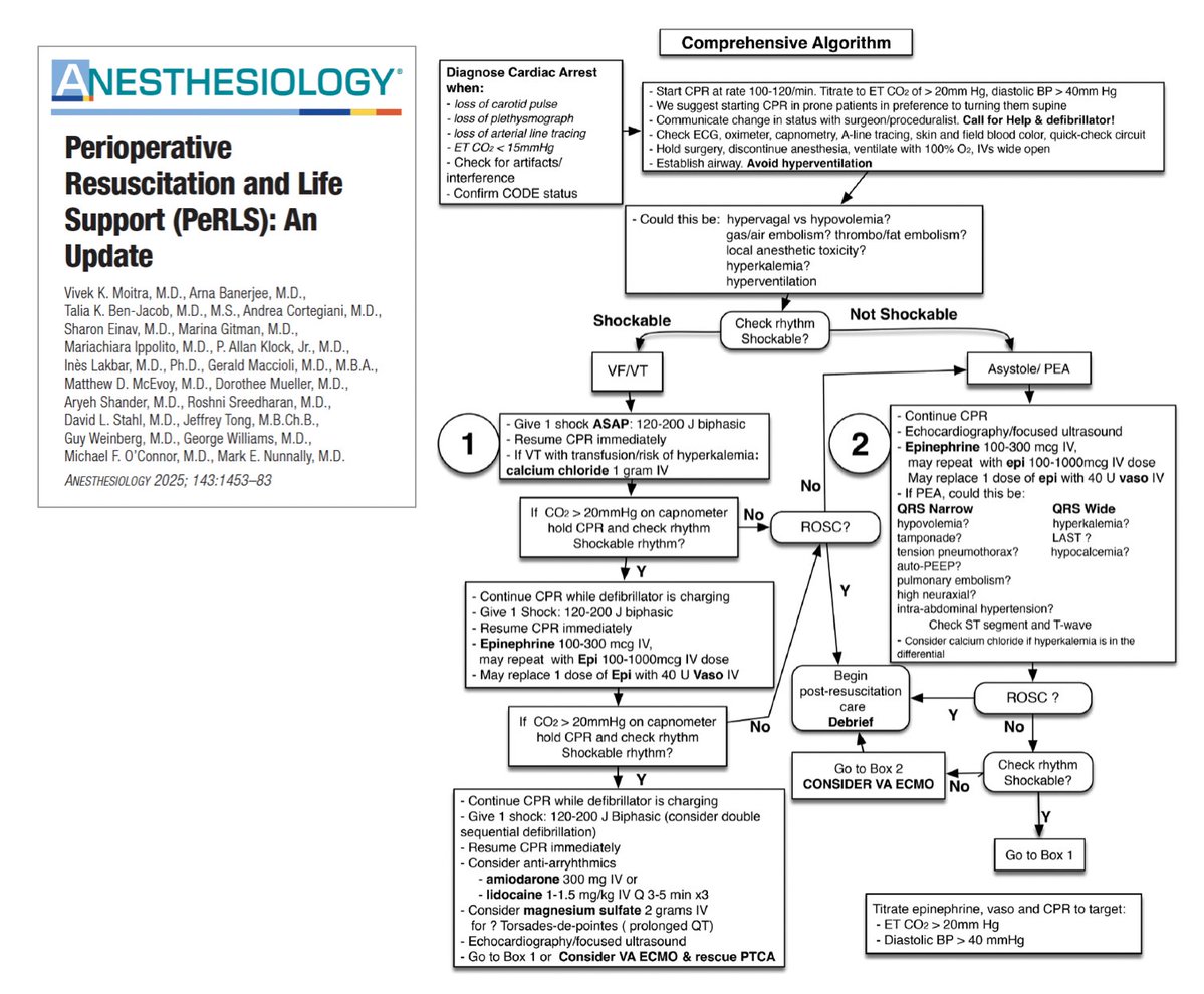 Perioperative #resuscitation and life support PeRLS:
💦 fluids management
⛔️ preventing the progression of shock to cardiac arrest: LV, RV, vasoplegia and #sepsi
🫁 respiratory rate during CA: hypo vs hyperventilation
🫀 symptomatic bradycardia
🐝 anaphylaxis
💉 local anesthetic