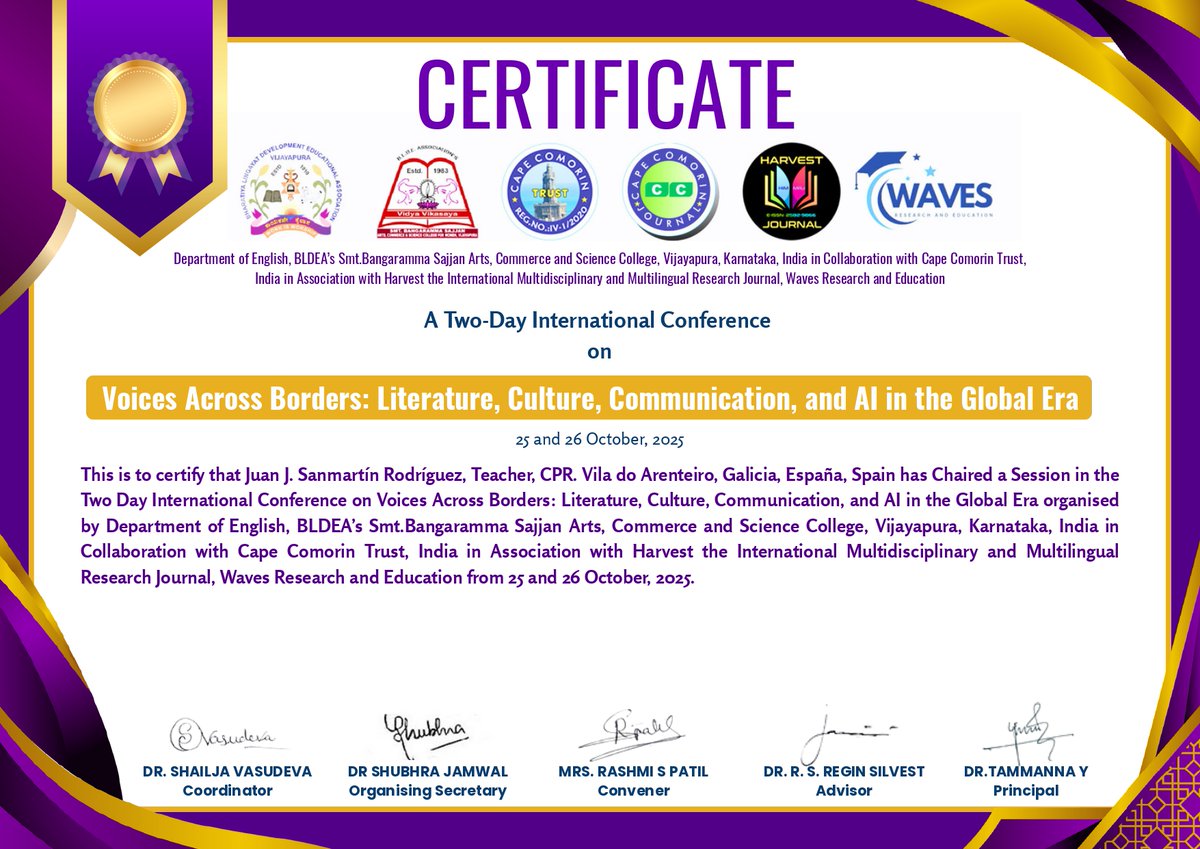 🌍✨I am truly delighted to have chaired a session at the Two-Day International Conference “Voices Across Borders: Literature, Culture, Communication, and AI in the Global Era”, organized by the Department of English, BLDEA’s Smt. Bangaramma Sajjan (Vijayapura, India)✨🌍