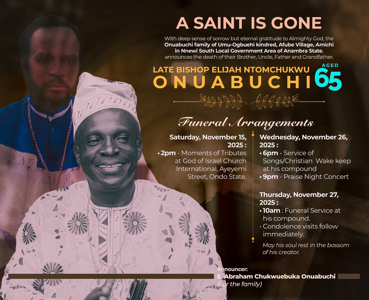 DelightNoah1's tweet photo. @FoluboiNg Good morning boss 
This is to officially tell you that my father, [Bishop Elijah Ntomchukwu onuabuchi], will be laid to rest Wednesday /Thursday this week 
BURIAL DETAILS:
Date: Thursday, 27th November 2025.
Venue: Amichi, Nnewi south LGA, Anambra State. Please help me https://t.co/nyx6hxaDCd