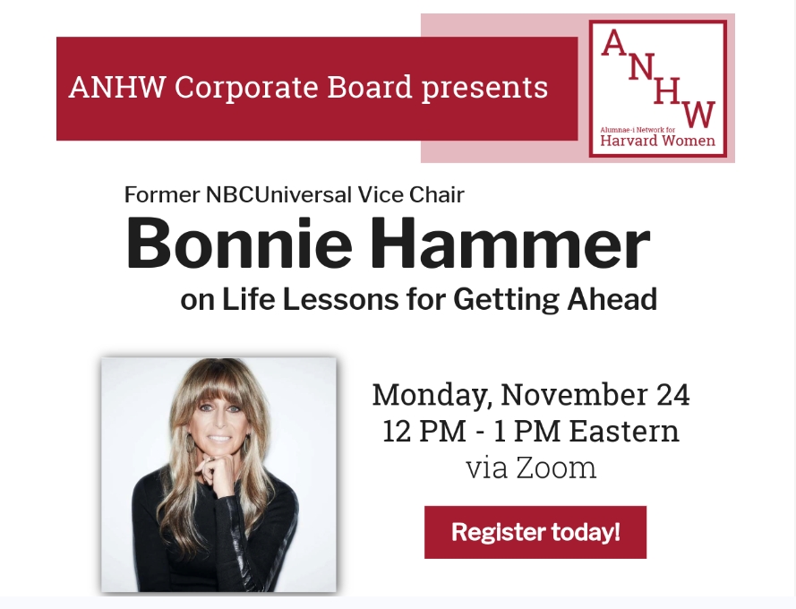 ✨ Join the ANHW's Speaker Series on Monday November 24th for a conversation with former NBCUniversal Vice Chair Bonnie Hammer. She will be discussing Life Lessons for Getting Ahead on Zoom from 12:00 PM - 1:00 PM Eastern. 

💻 Register here: lnkd.in/eqd9DiNF