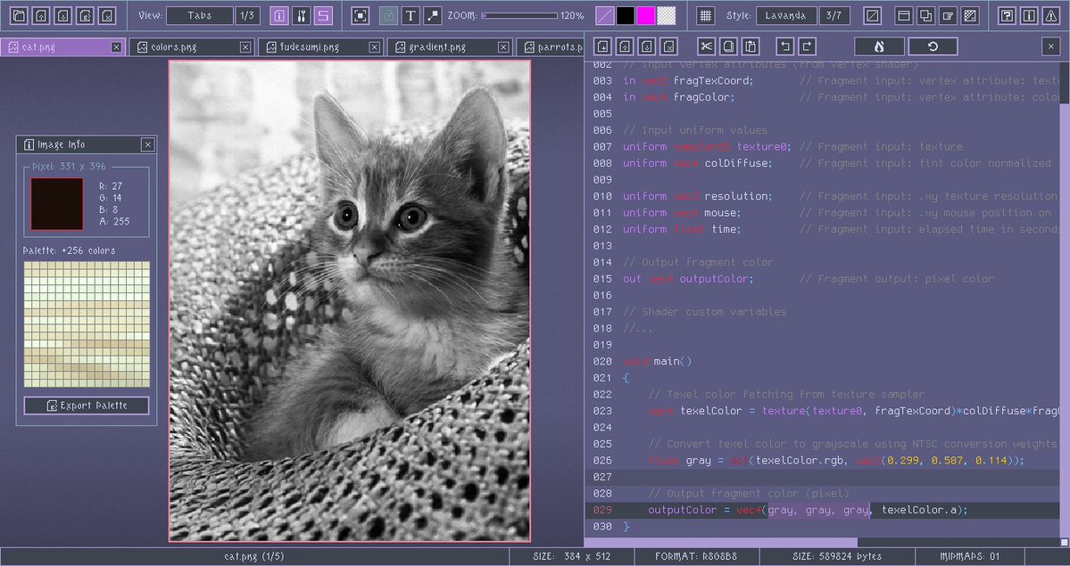 raysan5's tweet image. You can use my rTexViewer, made with #raylib, it support many image formats, basic image editing, image boards and even image shaders with code editor. All contained in a 1MB executable.