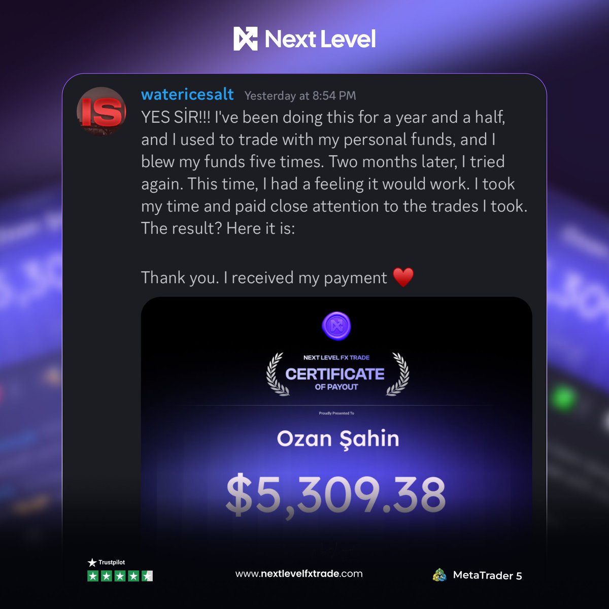 Another massive payout just landed: $5,309.38

At Next Level, traders don’t chase dreams. They withdraw them.

Congratulations to our trader!