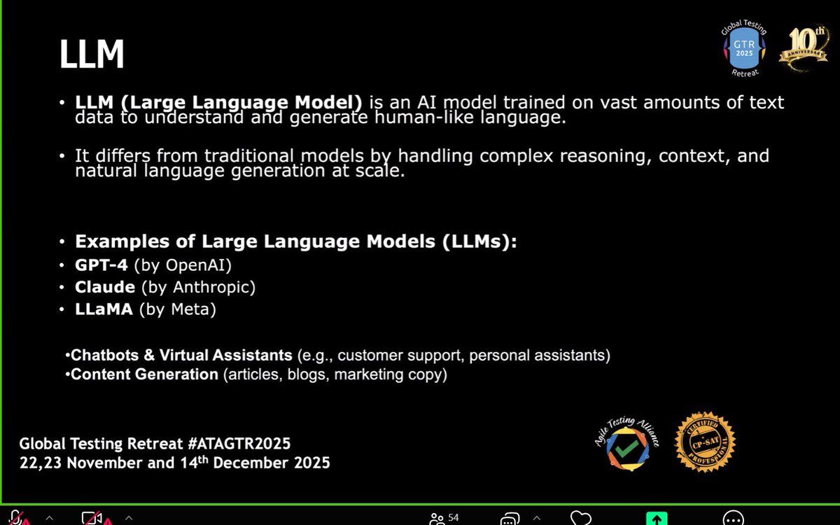 TestingRetreat's tweet image. Day-2 Track-2 Dive into the world of LLMs, featuring examples like GPT-4 and Claude, ahead of the Global Testing Retreat 2025!
#ATAGTR2025 #10th_Edition #VIRTUALCONFDAYS #WSA
@AgileTAlliance
@adigindia
@Tietoevry
@QAMENTOR1
@ISquareIT
@SelectorsHub
@TheTestChat
@WS_Audiology