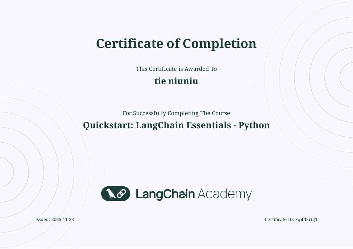 itieniu's tweet image. 🦜🔗 Just finished @LangChainAI's LangGraph Essentials Course! Check it out here: academy.langchain.com