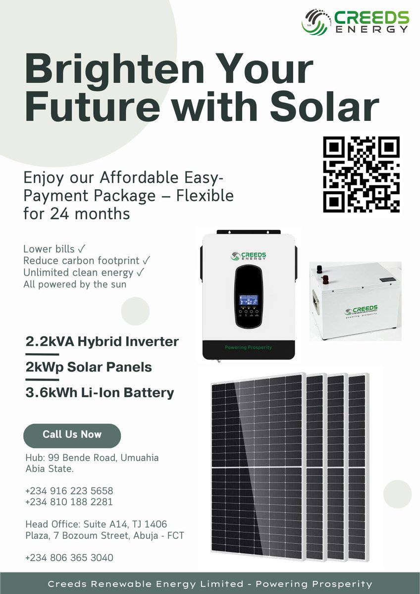 profmbah's tweet image. “Light up your home today! Get a reliable solar power system with our flexible pay-small-small plan. Enjoy 24/7 electricity without the stress — start now, pay at your pace!
#solarsystem #EnergyStorage
