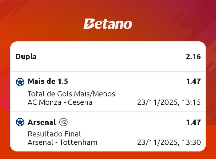 Jhonata53328633's tweet image. DUPLA DO DIA! 🚀
Hoje tem North London Derby (Arsenal x Tottenham) e um jogo que promete gols na Itália (Monza x Cesena)! A fé está renovada. 🙏
⚽ Mais de 1.5 Gols em Monza/Cesena
🥅 Arsenal (+2) no Resultado Final
ODD 2.16! Quem mais tá nessa? 👀 #Futebol #APL #Derby #Betano