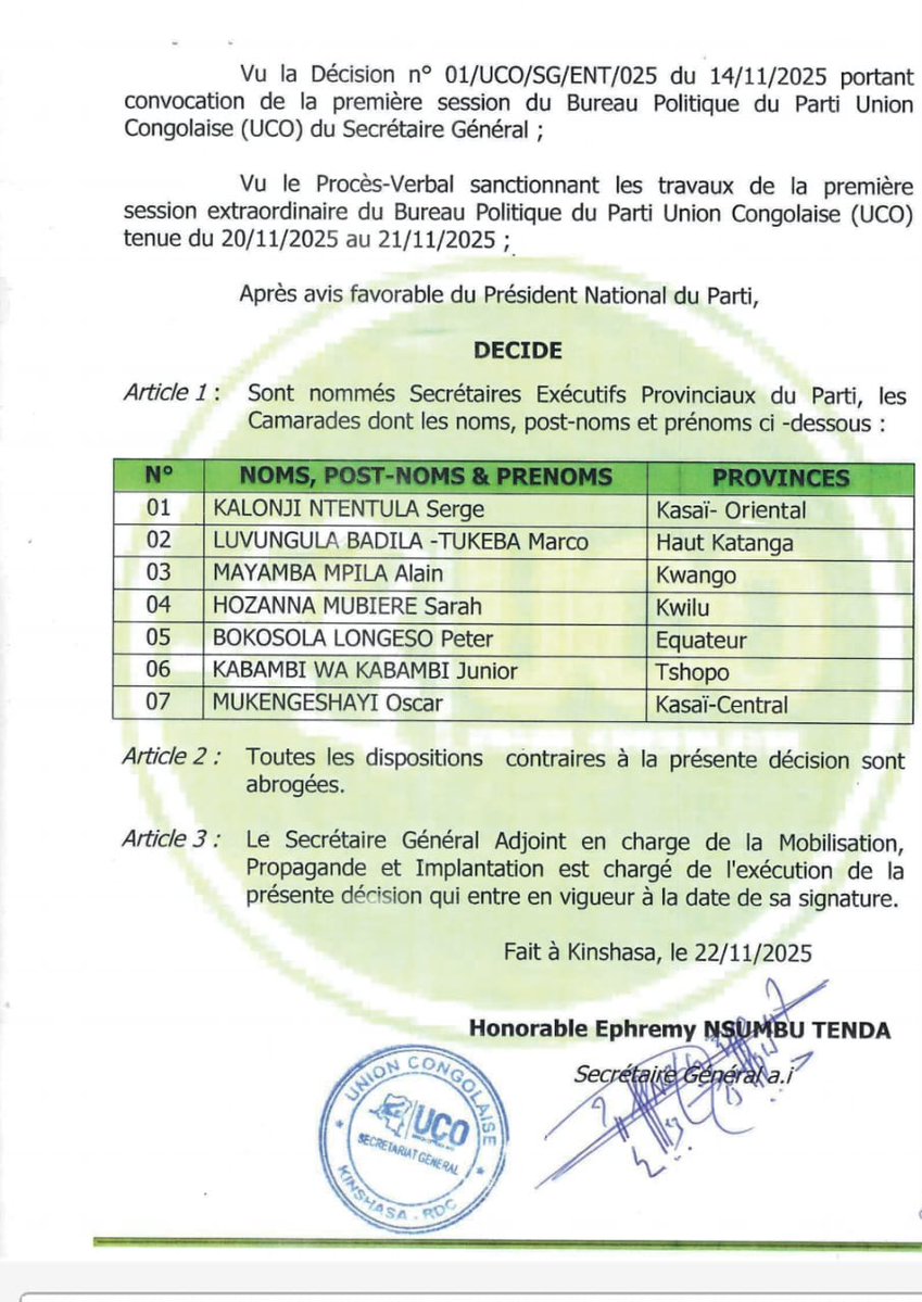 imara_rdc's tweet image. Dans un contexte de transformation, le Secrétaire Général ai de l’Union Congolaise, le Camarade @EphremyNsumbu a, par délégation des signatures du Président National, Excellence @DMukokoSamba, signé une Décision de nomination à la tête de plusieurs provinces de la République…
