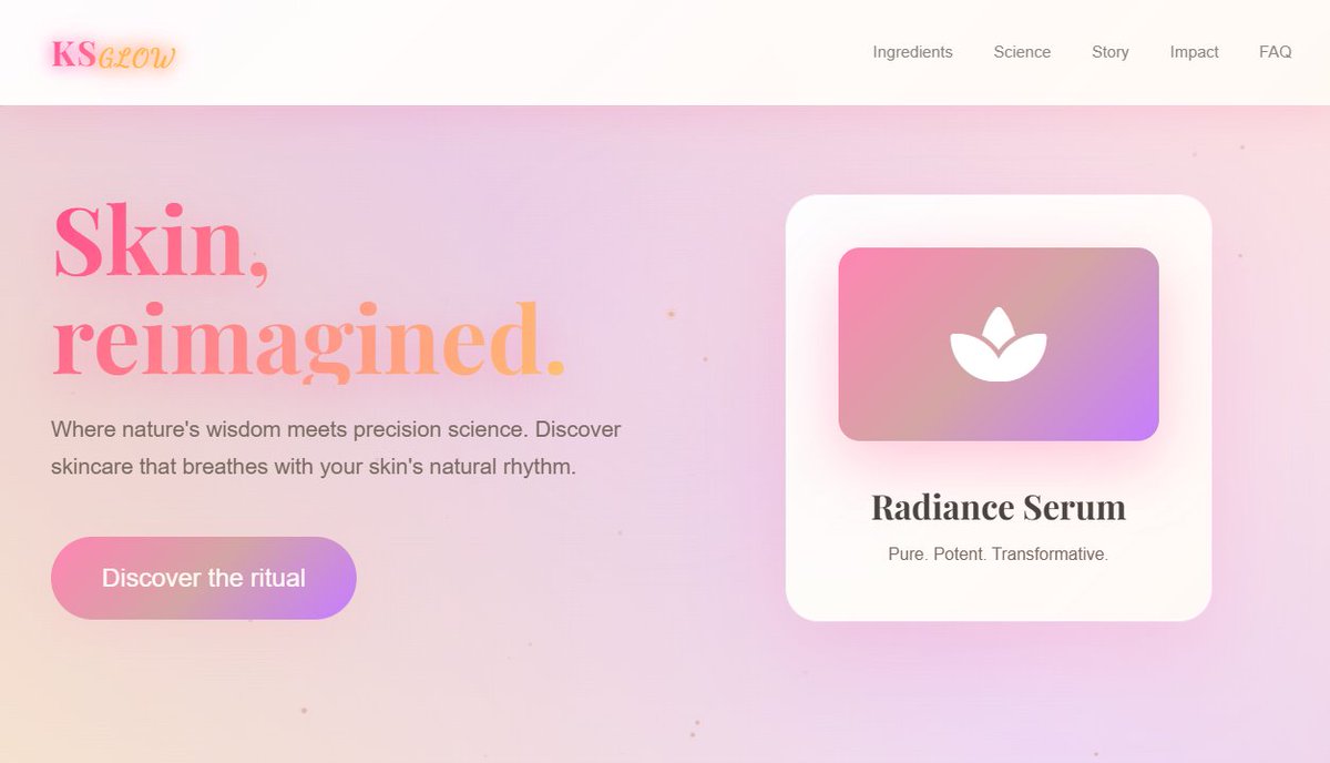 KsTiana1's tweet image. Just built a skincare product launch website using HTML, CSS &amp;amp; JavaScript.  
  
Let me know what you think ✨  

🔗 [ks-glow.vercel.app]

#FrontendDeveloper #HTMLCSSJS #DevNigeria #WomenWhoCode
