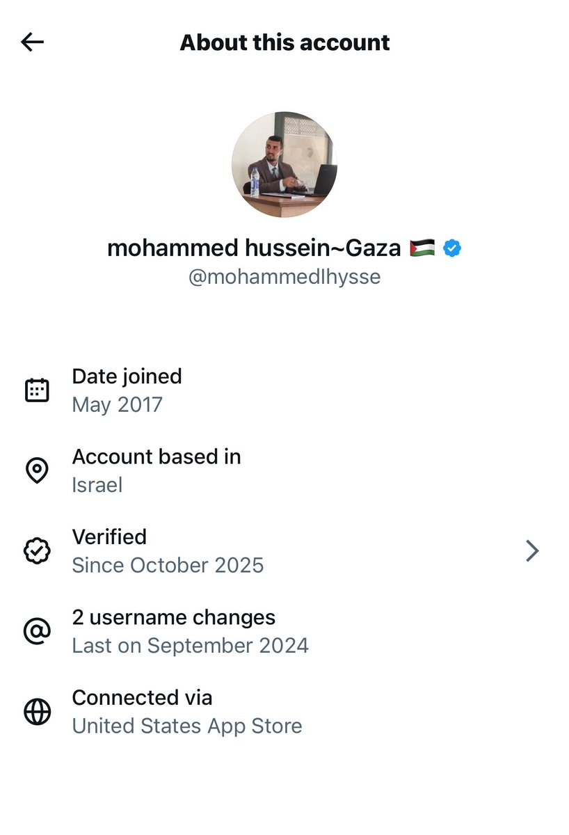 Due diligence account dari Gaza. Tak pasti yang 

“account based in palestine, tapi connected via USA appstore”

Yang confirm betul :
Motaz Azaiza mmg betul kat US
Anas Sharif (syahid) , mmg betul dari West Asia