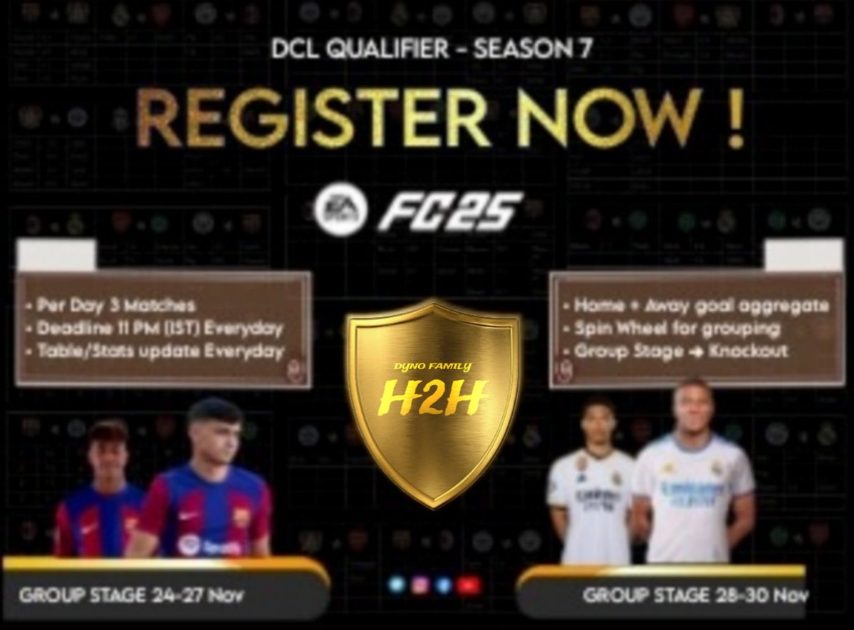 FC MOBILE H2H 🎮🔥

Deadline for Registration 
- 24 Nov 9 PM (IST) ⏰ 

To Register:

- Follow Us &amp; Tag 2 mutuals 
- Like &amp; Repost this post 
- Comment "I will be there" with football gif

#DynoShield S11 #DCL-Q (Round 1)
