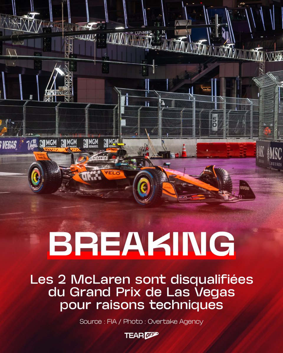 TearOffFR's tweet image. 🚨 OFFICIEL ! 

MCLAREN EST DISQUALIFIÉE DU GRAND PRIX DE LAS VEGAS POUR RAISONS TECHNIQUES 🤯

Les deux monoplaces ont usé leur plancher de façon trop importante et sont disqualifiées par la FIA ❌

#F1 #LasVegasGP