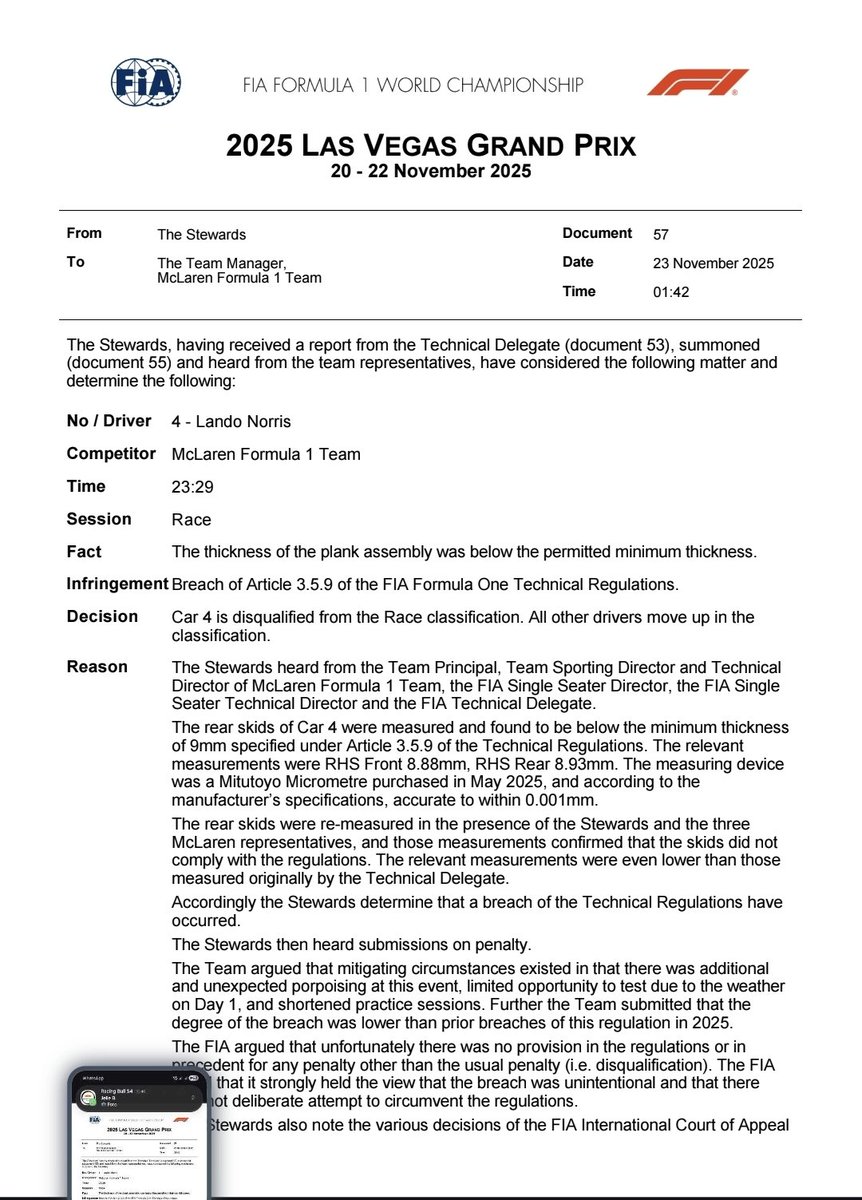 🚨 🔥

#Norris and #Piastri officially disqualiefied from the #LasVegasGP.

2 Races + 1 Sprint race to go...

🥇 Norris - 390 
🥈 Piastri - 366 
🥉 Verstappen - 366