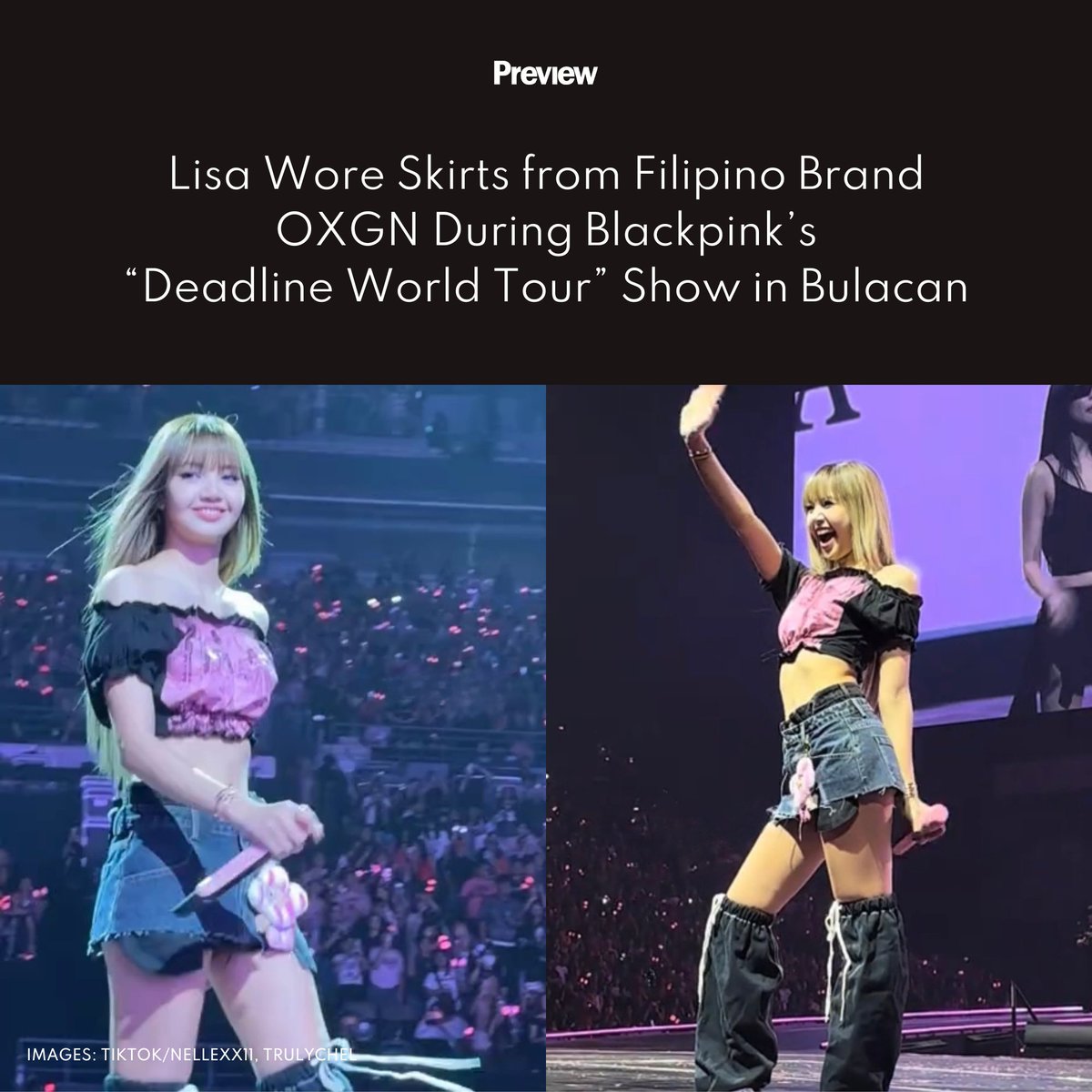 As expected, the girls of #BLACKPINK served looks throughout their #DEADLINE_IN_BULACAN show. During the encore performance, Lisa stepped out in a zhuzhed up take on their official merchandise, teamed with pieces from a Filipino brand!

Cop her look here: preview.ph/fashion/lisa-b…