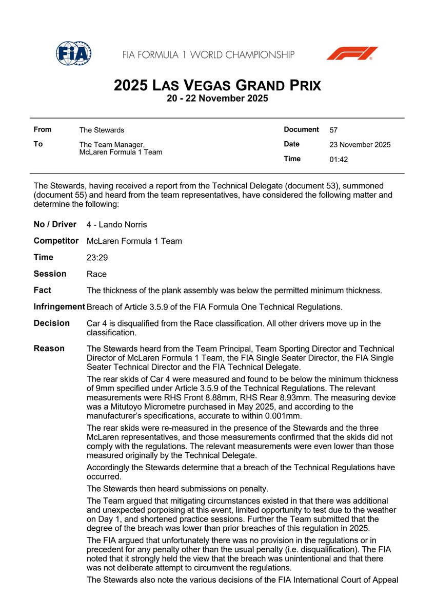 fia's tweet image. DOC 57 - Infringement - Car 4 - Technical non-conformity (Plank Assembly) fia.com/documents #LasVegasGP #F1 #FIA