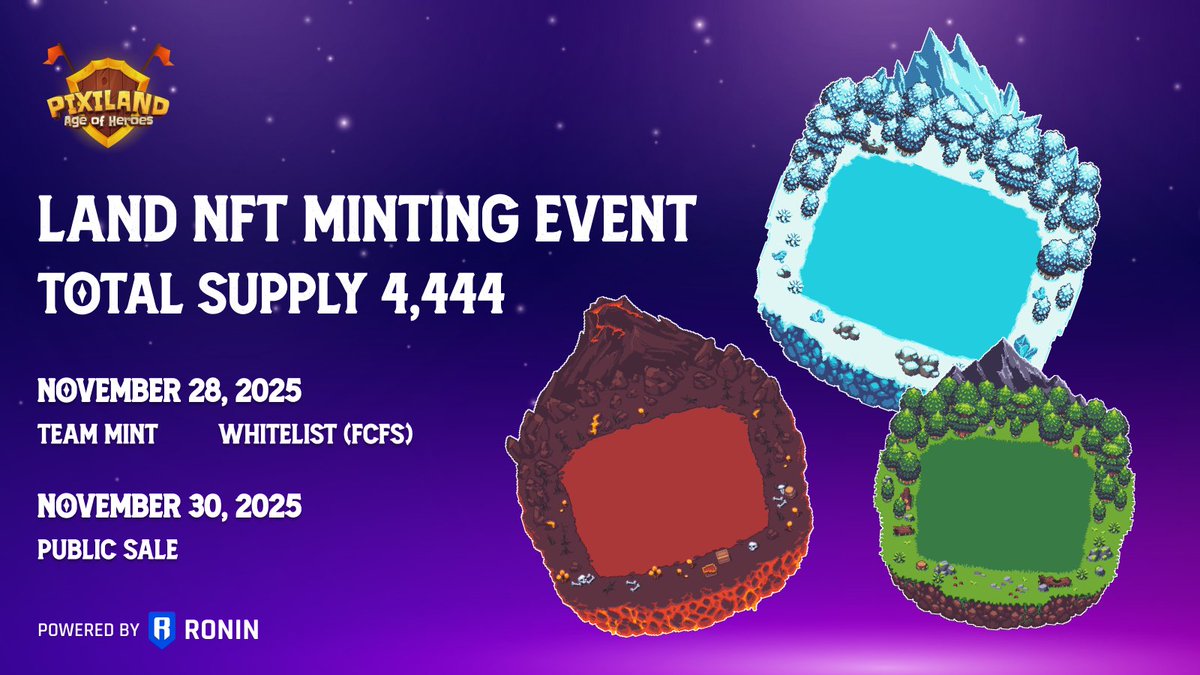 pixilandsocial's tweet photo. Frontier Land — Mint Details

Whitelist: Nov 28th, 2 PM UTC — 45 RON

Public: Nov 30th, 2 PM UTC — 60 RON

Walk with us as we create the next chapter of this journey.

Minting on Ronin Launchpad (Link in the next tweet).