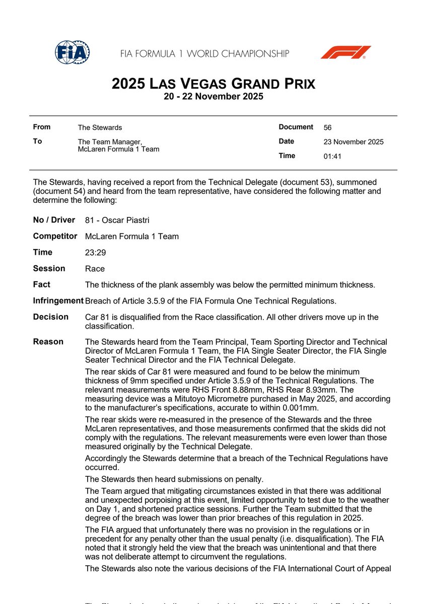 elmejordelresto's tweet image. AMBOS MCLAREN SON DESCALIFICADOS DEL GP DE LAS VEGAS!!!

Con esto Verstappen iguala en el 2do puesto del campeonato a Piastri con 366 puntos y se pone a 24 de Norris con 58 en juego...

HAY MUNDIAL!

#F1 #LasVegasGP 🇺🇸