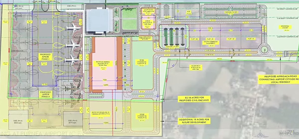 akashh0509's tweet photo. ✈️ Purnea Airport Progress Update
From the latest site visuals:

1️⃣ Existing interim terminal.

2️⃣ The 31,360 m² apron is taking shape quickly (Can handle 5 aircraft at once), construction clearly underway.

3️⃣ Parking area under construction.

Image as of 22.11.2025. https://t.co/igYhafp4dK