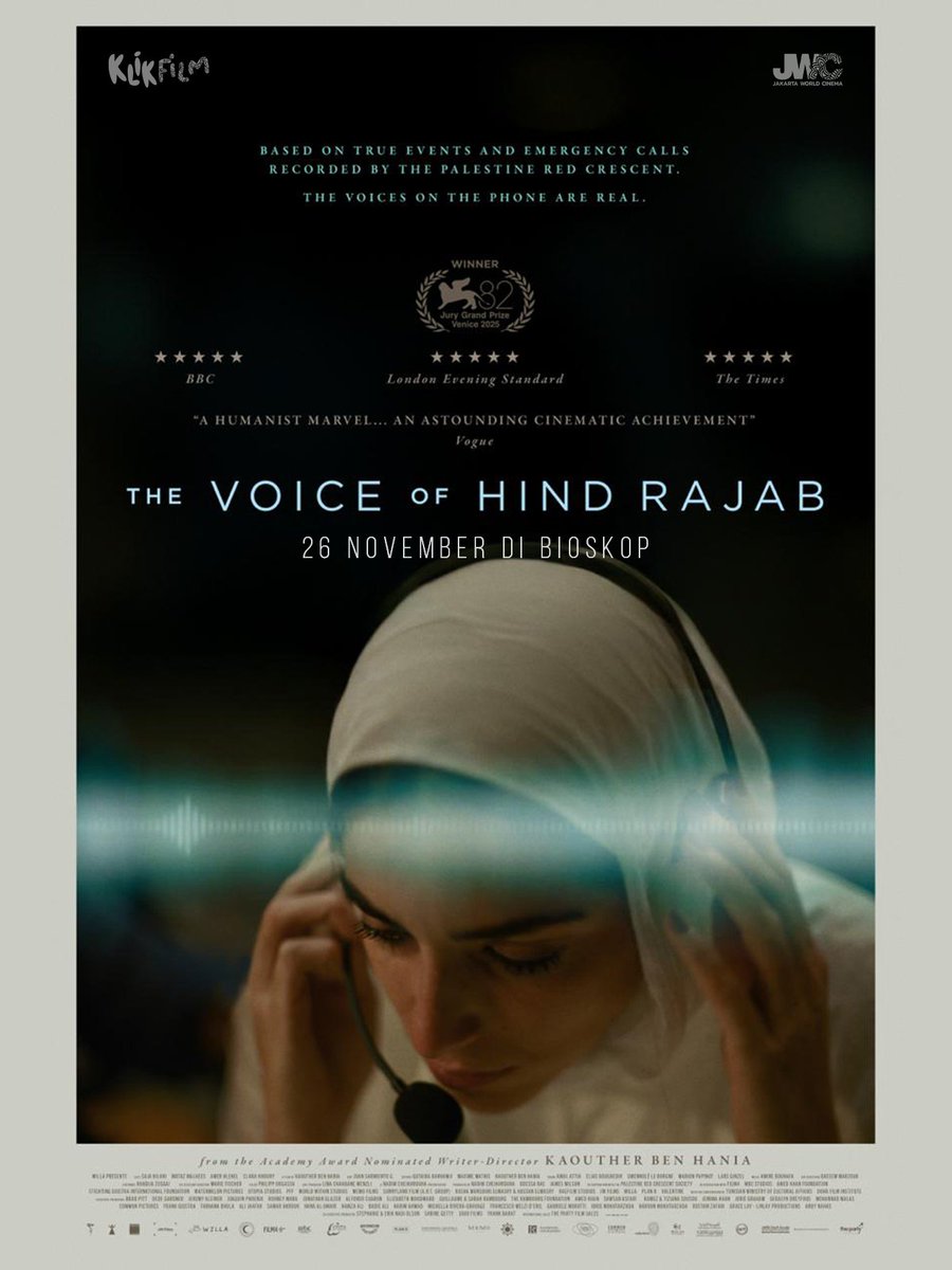 Sebuah film yang dipuji sebagai “A humanist marvel… an astounding cinematic achievement” dan peraih Jury Grand Prize – Venice Film Festival.
THE VOICE OF HIND RAJAB tayang di bioskop mulai 26 November.

#TheVoiceOfHindRajab #KaoutherBenHania #KlikFilmRelease #JakartaWorldCinema