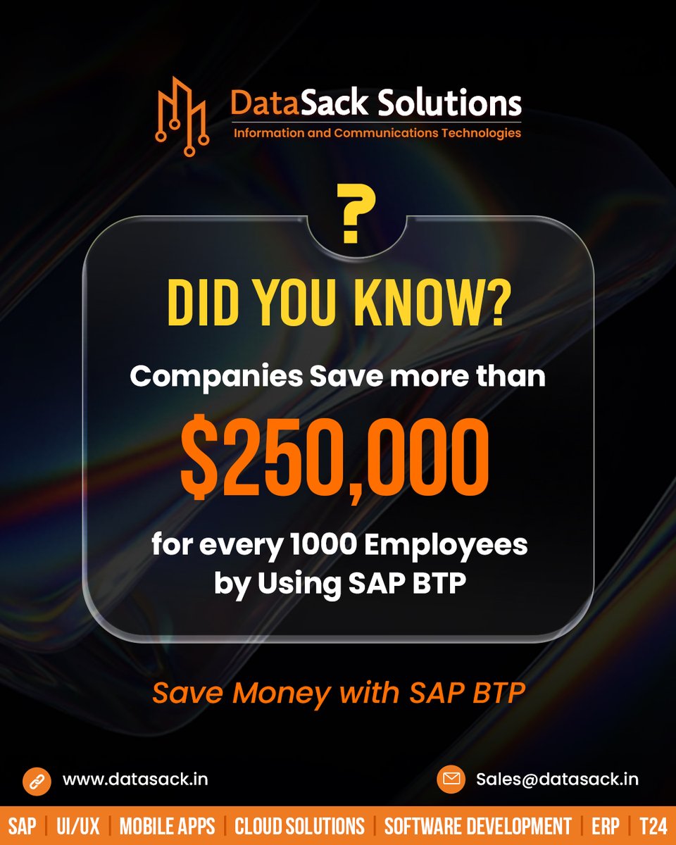 datasack's tweet image. 💡 Did You Know?

Companies can save over $250,000 for every 1,000 employees by adopting #SAPBTP — thanks to streamlined workflows, smarter analytics, and reduced operational overheads.

Let’s help you get there. To know more information, contact: datasack.in