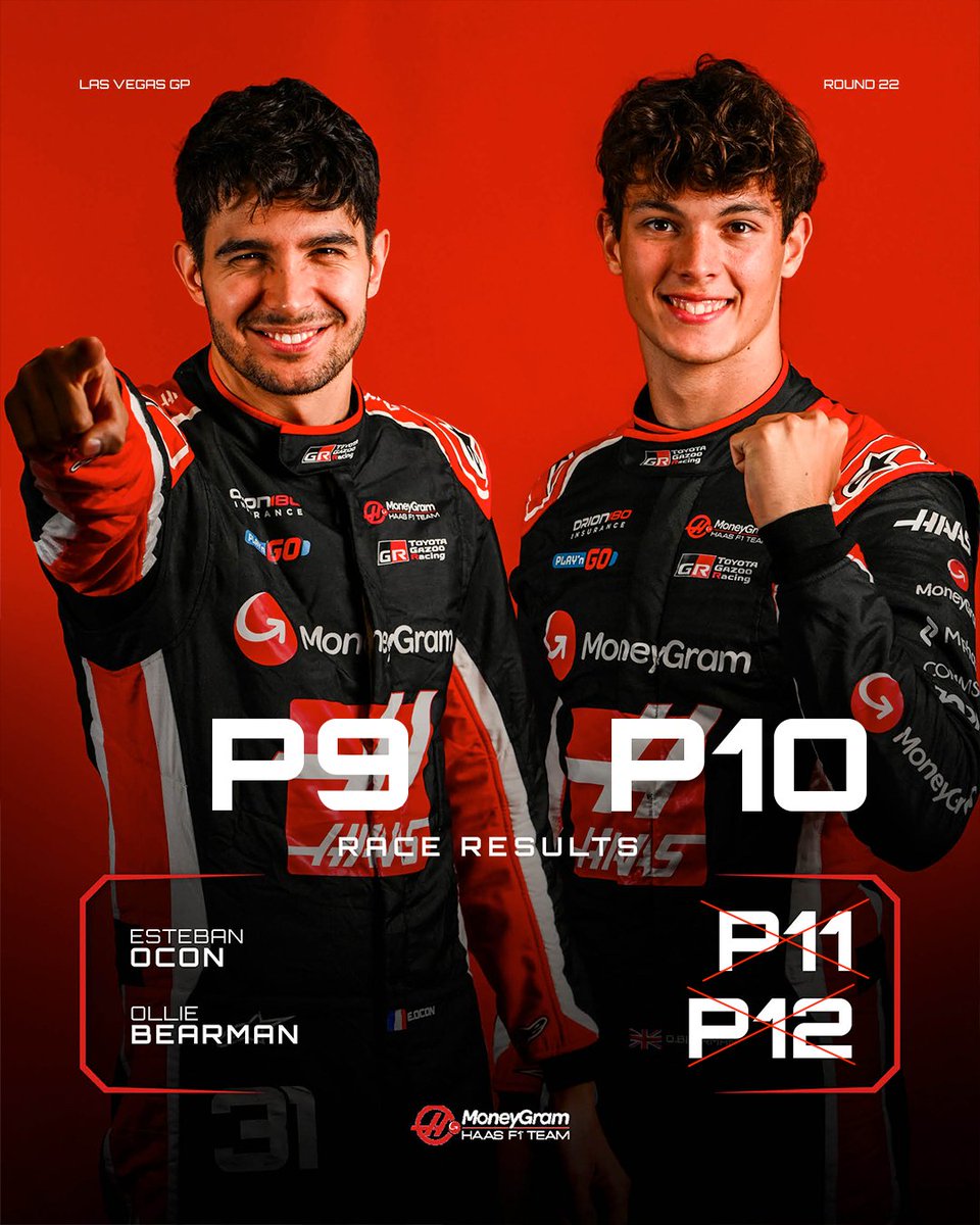 HaasF1Team's tweet image. Double points in Vegas! 🥳🙌

Following the news of both McLaren&apos;s being disqualified from the #LasVegasGP we secure P9 and P10 🤩

#HaasF1 #F1