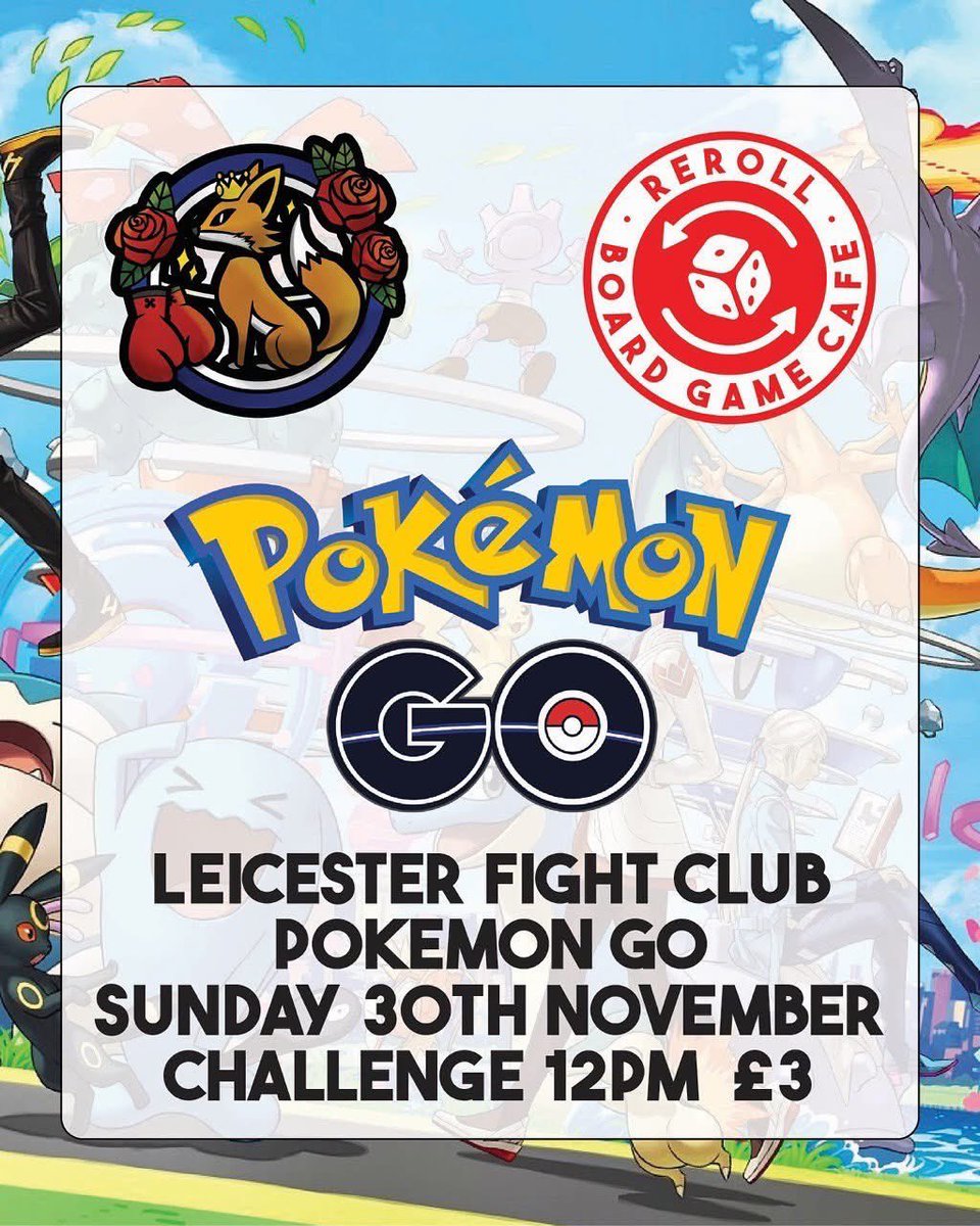 You’ll find me hosting a local challenge next Sunday @ Reroll Board Game Cafe! 💪😊

Leicester Fight Club meets once a month for Pokémon Go tournaments 🥊🦊 

Come along and get those championship points and prizes! 🥇🏆 

Our Xmas Cup &amp; Challenge will be on December 21st 🎅🎄