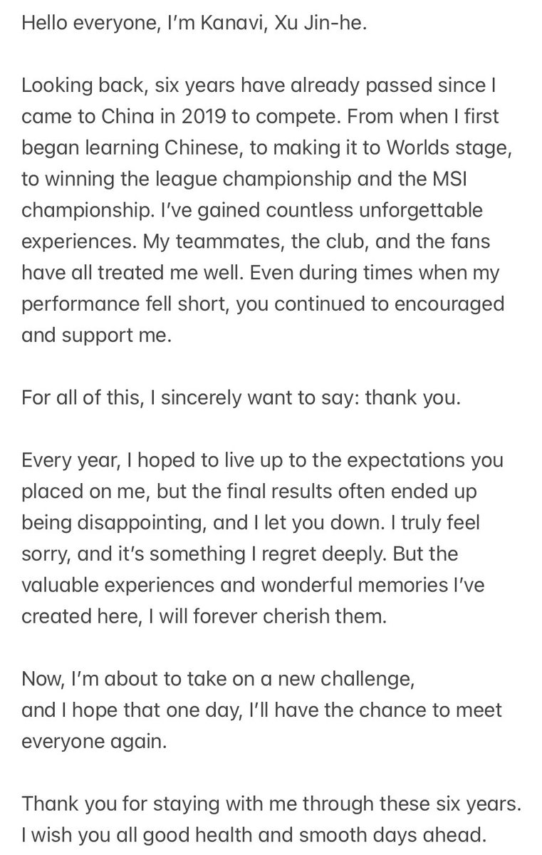 kanavi message on weibo! 🥹

Now, I’m about to take on a new challenge, and I hope that one day, I’ll have the chance to meet everyone again. 
Thank you for staying with me through these six years. I wish you all good health and smooth days ahead.