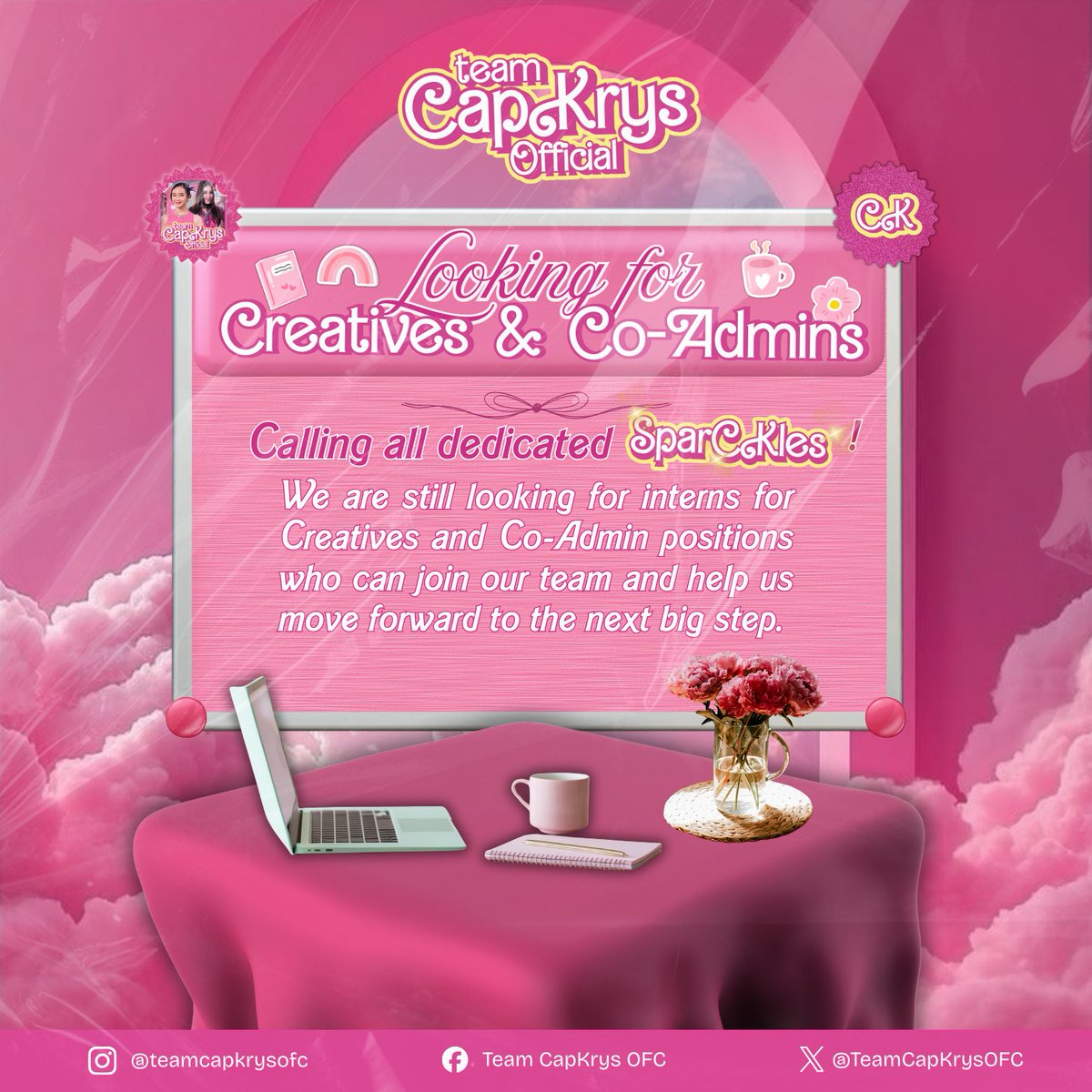 capkrysofc's tweet image. 𝐇𝐞𝐥𝐥𝐨, 𝐒𝐩𝐚𝐫𝐂𝐊𝐥𝐞𝐬! 💖
Do you want to be part of our team? This is your sign! We’re officially opening slots for 𝐂𝐫𝐞𝐚𝐭𝐢𝐯𝐞𝐬 𝐓𝐞𝐚𝐦 𝐢𝐧𝐭𝐞𝐫𝐧𝐬 and 𝐂𝐨-𝐀𝐝𝐦𝐢𝐧𝐬 as we continue to grow and strengthen our fanbase.

As many of you know, we’re currently…